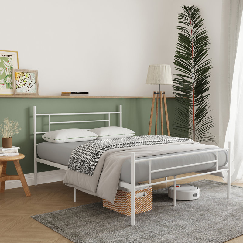 14" Metal Platform Bed with Headboard, King, White