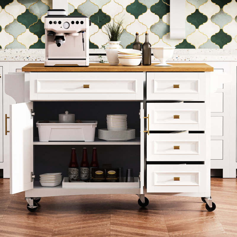 52'' Kitchen Island With Drop Leaf And Wheels. White, Design, Spice Rack, Towel 2 Doors, 5 Drawers, Adjustable Shelf For Elegant Modern Luxury Coastal Practical Function Storage. White Finish,