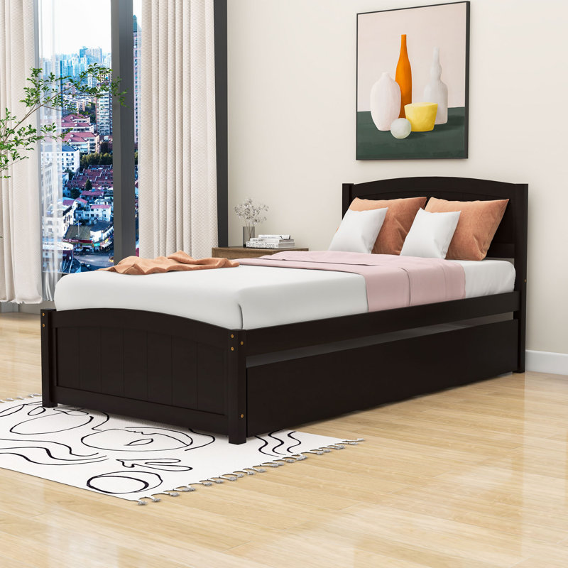 Lit plateforme simple en bois avec lit gigogne simple, Espresso