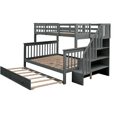 Ladder-Style Full-Size Bunk Bed with Double Size Lower Bed, Storage Space, and Rails, Suitable for Bedrooms, Dorms, for Adults, Gray
