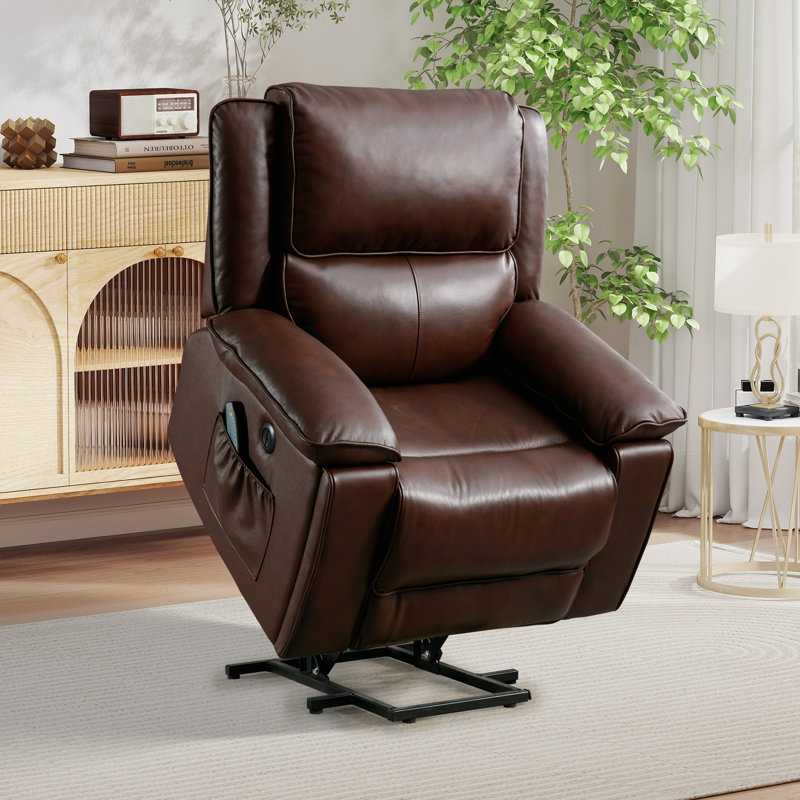 Fauteuil inclinable électrique en cuir véritable de 38,2 po de largeur avec massage chauffant, porte-gobelet dissimulé et port USB (ensemble de 5)