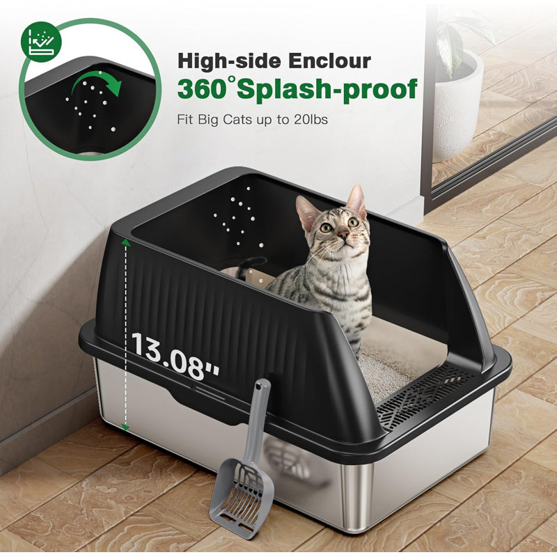 Elfryda Enclosed Litter Box with Scoop, Black/Silver