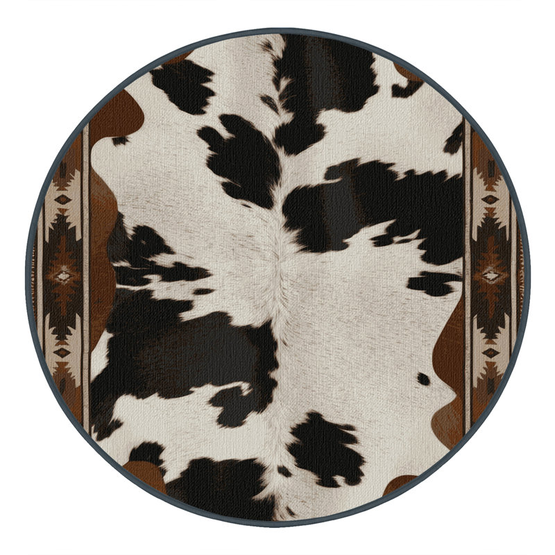 Washable Cowhide Pattern Southwestern Area Rug, Round 8'