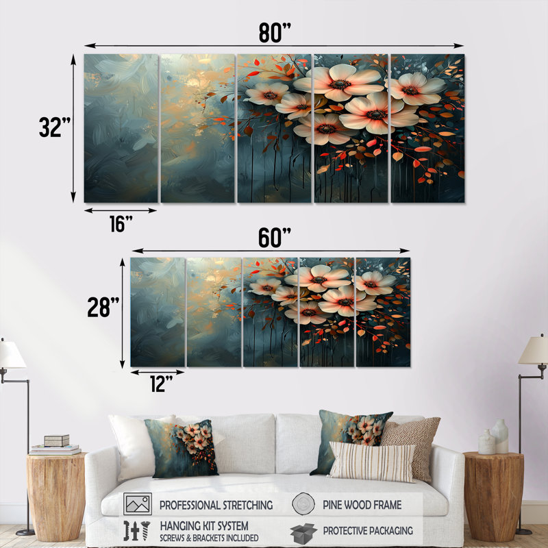 «Garden Dahlia Effect At Night II» - art mural Dahlia - ensemble de décorations murales traditionnelles, H 28 po x l 60 po, 5