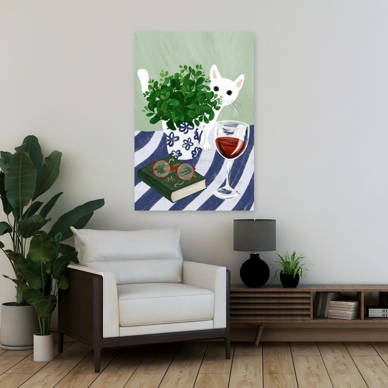Cozy Cat, lecture, coin, chat, plante, art mural, H 36 po x l 24 po