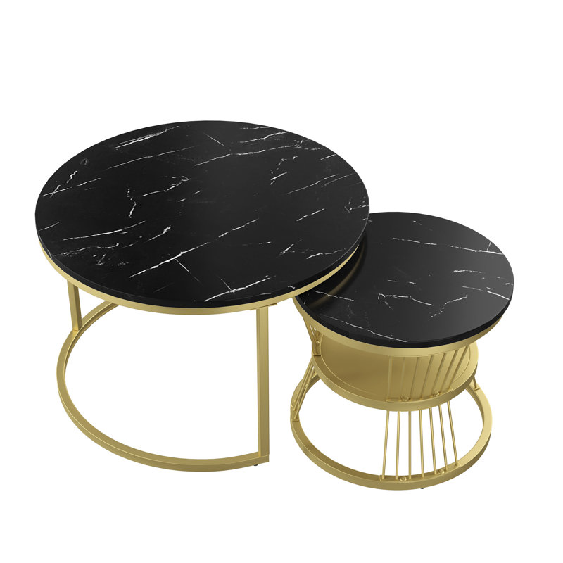 Round Nesting Coffee Tables Set (70+45cm), High-Gloss Faux Marble Top With Wire Metal Frame, Black/Gold