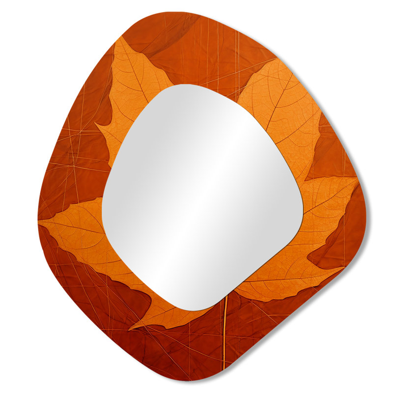 «Amber Autumn Maple Leaves» - miroir mural de forme unique à feuilles, miroir décoratif asymétrique orange, impression d'art en métal