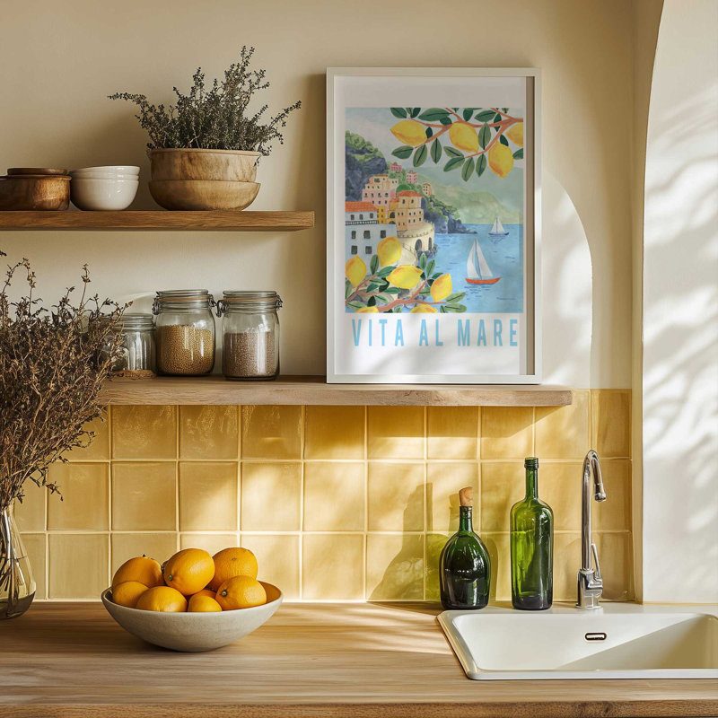 Reproduction d'art «Lemon Coast Serenity», H 17 po x l 13 po, Cadre de coin ouvert blanc opaque
