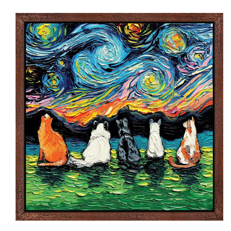 Starry Cats by Aja Trier - Painting, 45.72 cm H x 45.72 cm W, Brown Framed