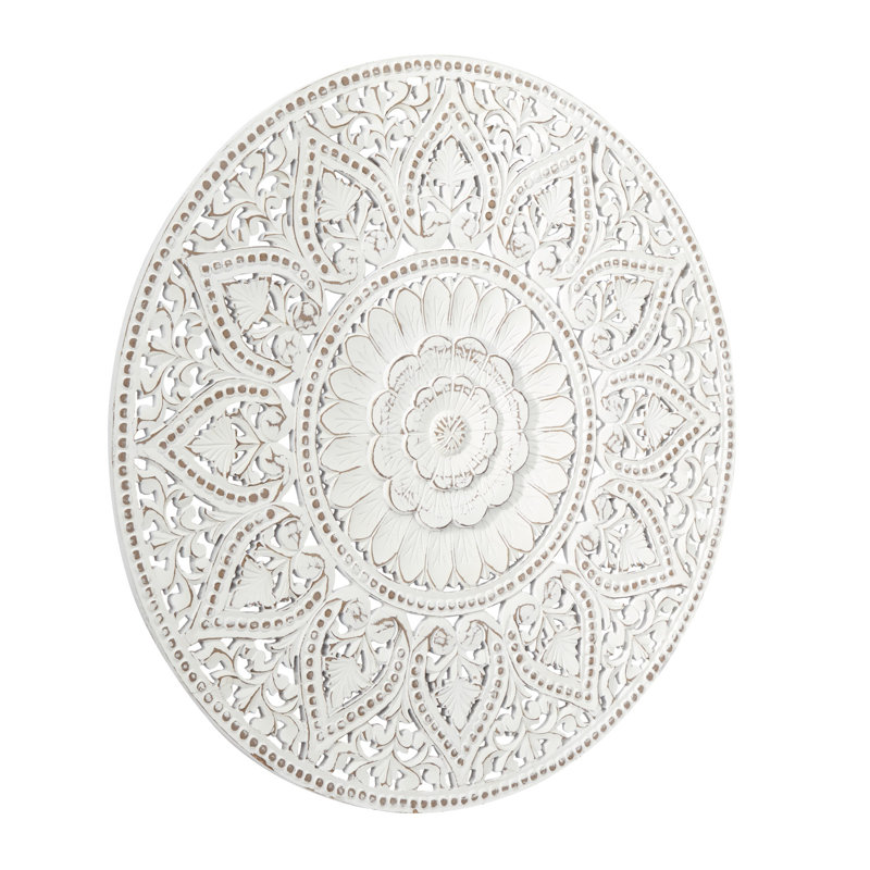 Décoration murale blanche en bois sculptée à la main avec motif mandala, Blanc