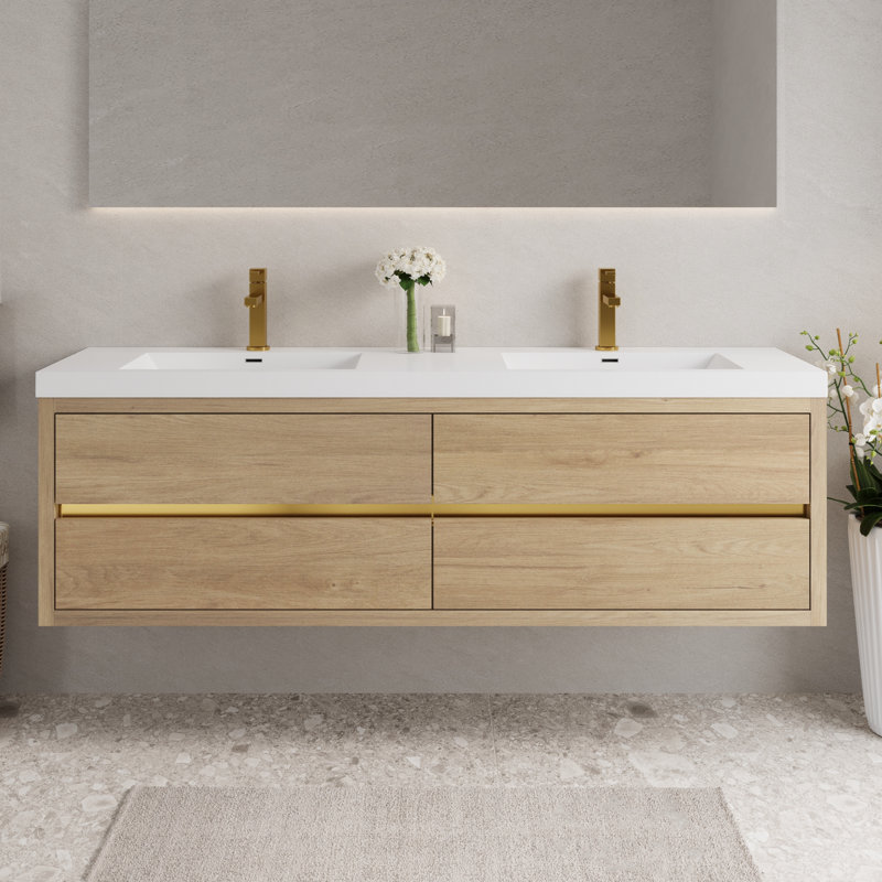 72" Wall-Mounted Bathroom Vanity Floating Double Sink Vanity with Stone Resin Top and Basin, 4 Soft Close Drawers