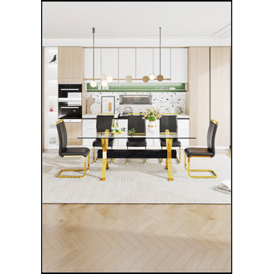 Table de salle à manger moderne en verre trempé avec panneau de fibres à densité moyenne durable et métal plaqué, parfaite pour la maison et le bureau.