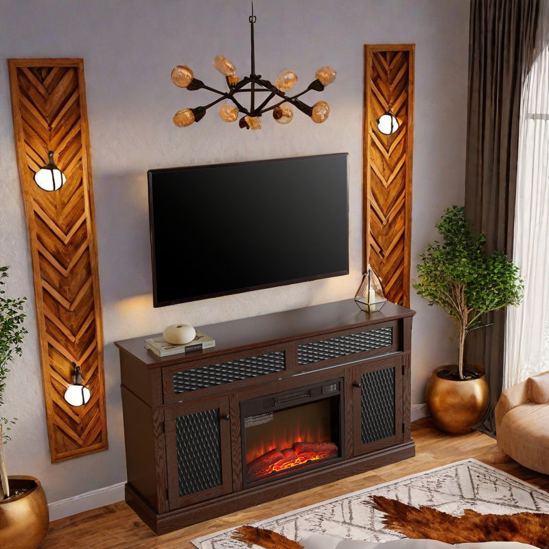 Electric Fireplace Tv Stand With Spacious Storage Console, Embossed Rustic Design, Remote Control, Cord Management, And Adjustable Shelves For Living Room