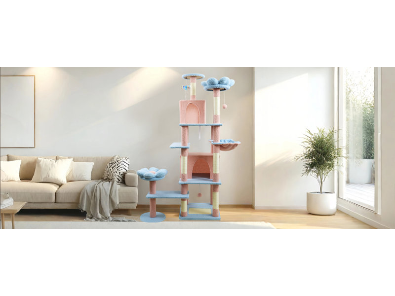 Arbre à chat 71 po avec grand coussin de jardin amovible et hamac bleu 71 po, Bleu