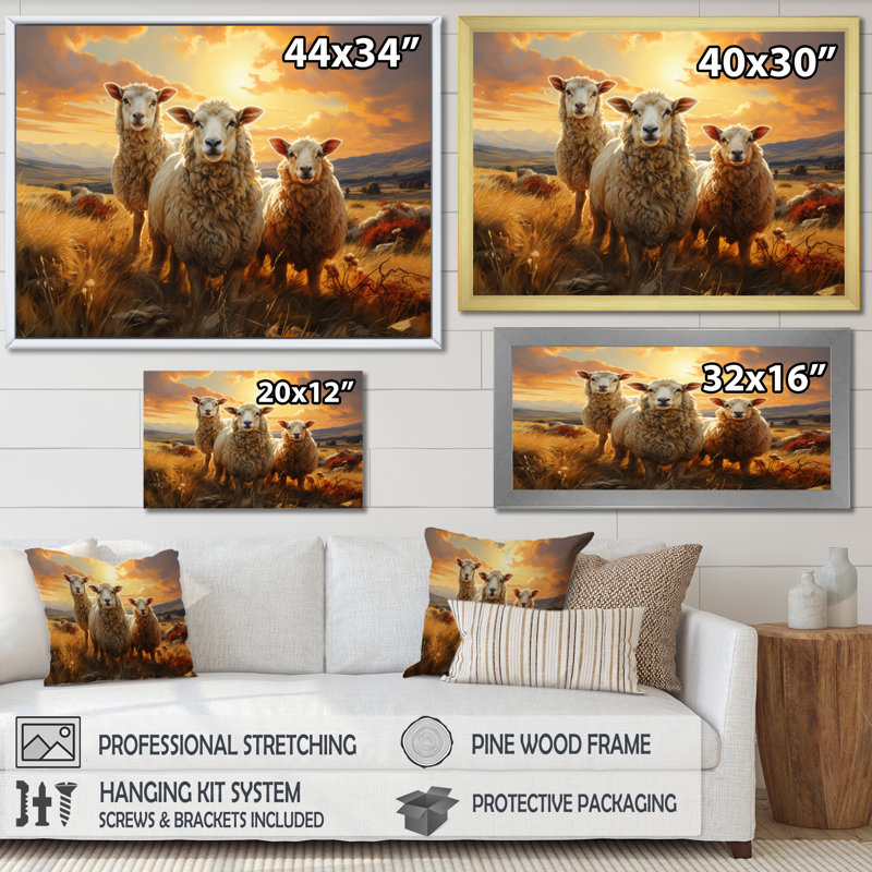 " Sheep Golden Flock ", White Single Picture Framed, 34" H x 44" W x 1.5" D