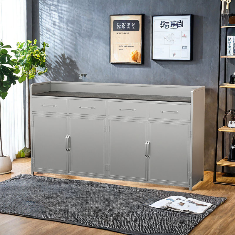 Buffet industriel moderne avec plateau en bois, Argent