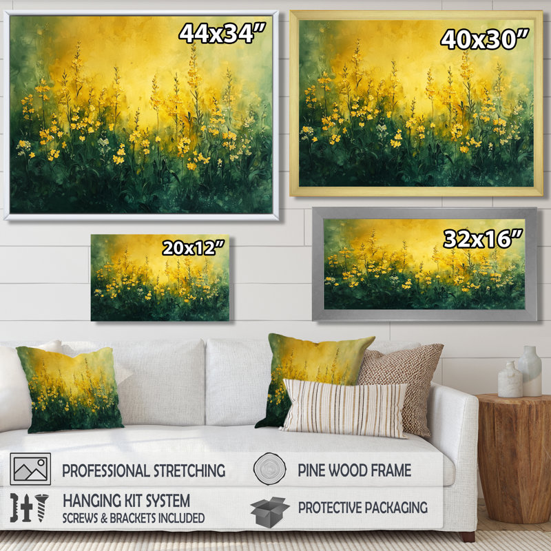 Fleurs dorées dorées, horizon verdâtre II - Fleurs sauvages, Argent argent, Impression encadrée flottante, H 24 po x l 32 po