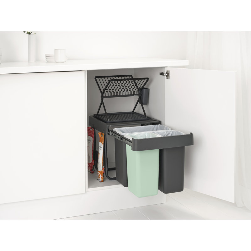 Sort & Go Pull Out In-Cabinet Plastic Dual Compartment Recycling Bin, 2.6 + 2.6 + 5.3 Gallon