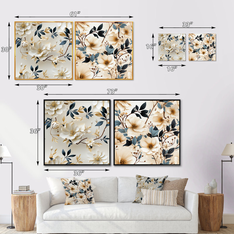 Luka - Ensemble de 2 collages carrés floraux, Cadre flottant brun, H 16 po x l 33 po