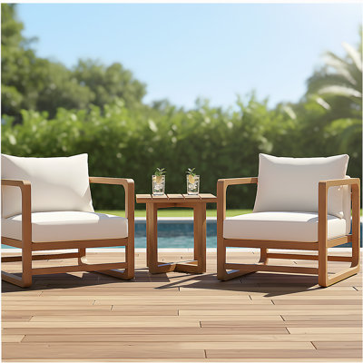 Set of 2 Acacia Wood Lounge Chairs with Cushions & Slat Top X-Stretcher Side Table