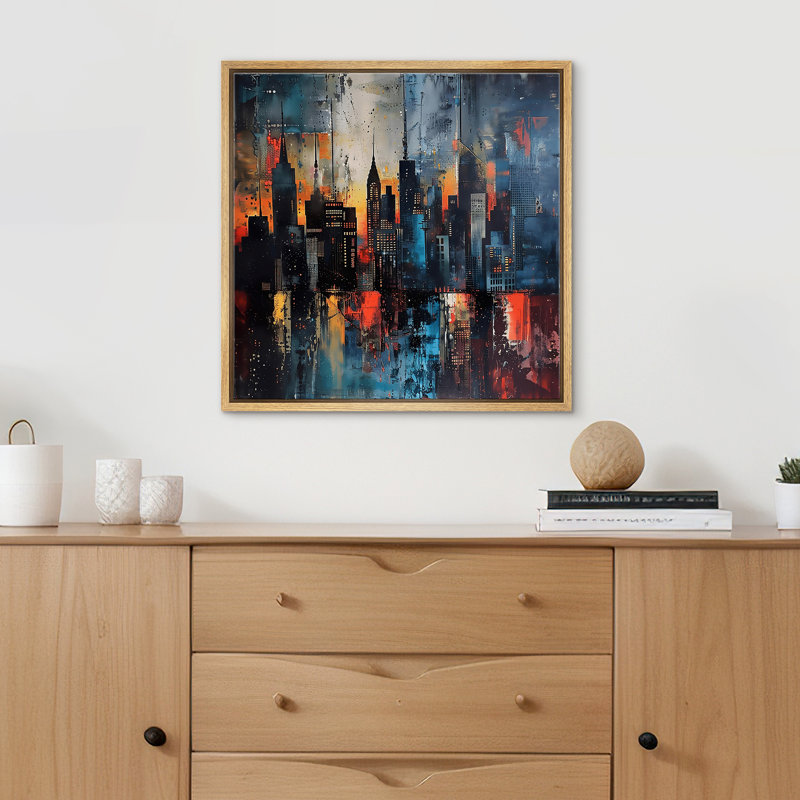 «Moody Abstract City Buildings Reflection Dark Modern Art», reproduction d'art sur toile encadrée, Encadré naturel