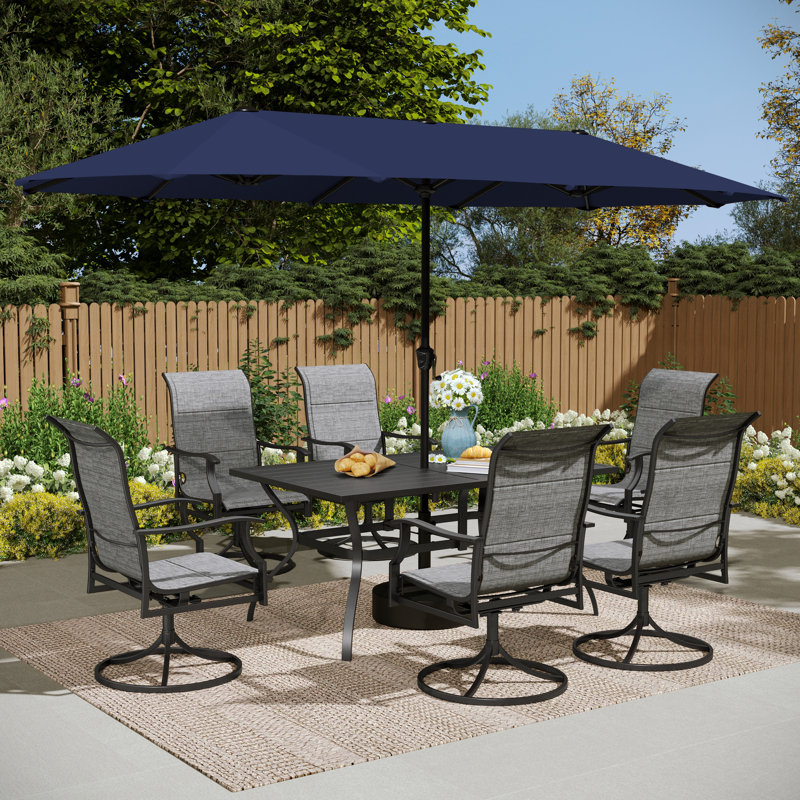 Ensemble de salle à manger rectangulaire en métal pour 6 personnes avec parasol, Marine