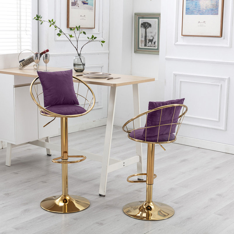 Nakyra Swivel Upholstered Adjustable Height Counter Stool with Metal Frame, Purple