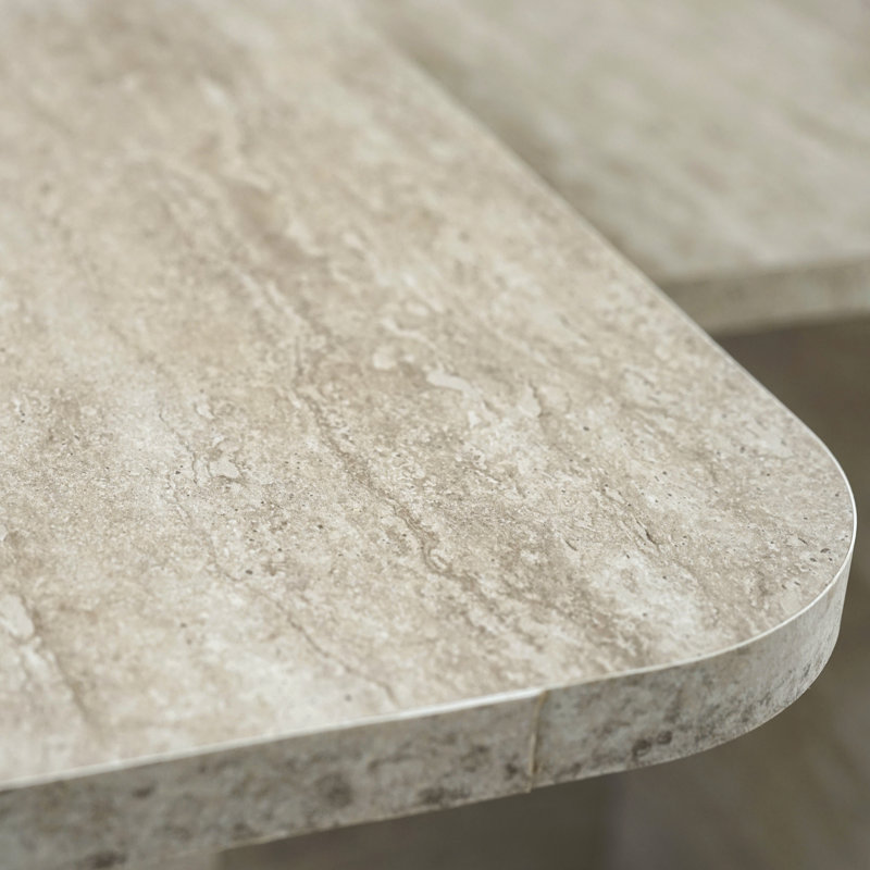 Nest of Tables Set of 2, Round & Square Travertine Effect Faux Stone Side Tables, Space Saving Coffee Table for Living Room