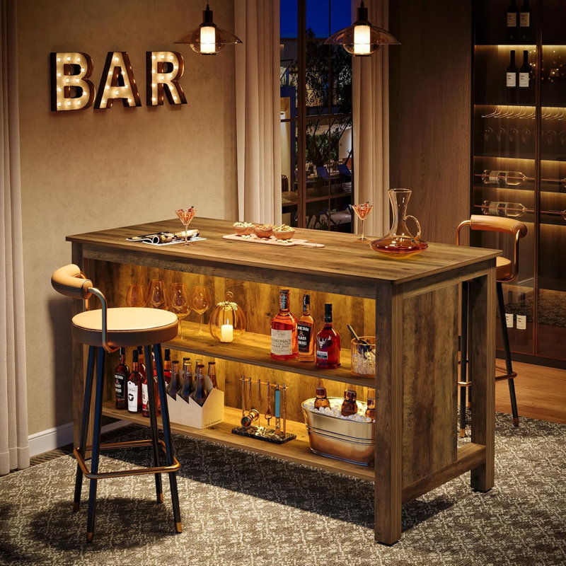59-Inch Home Bar Table Unit, 3-Tier Counter Height Pub Table with Storage Shelves, Rustic Brown