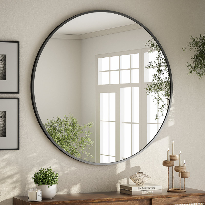 Gehard Round Metal Framed Mirror , Black, 42" x 42"