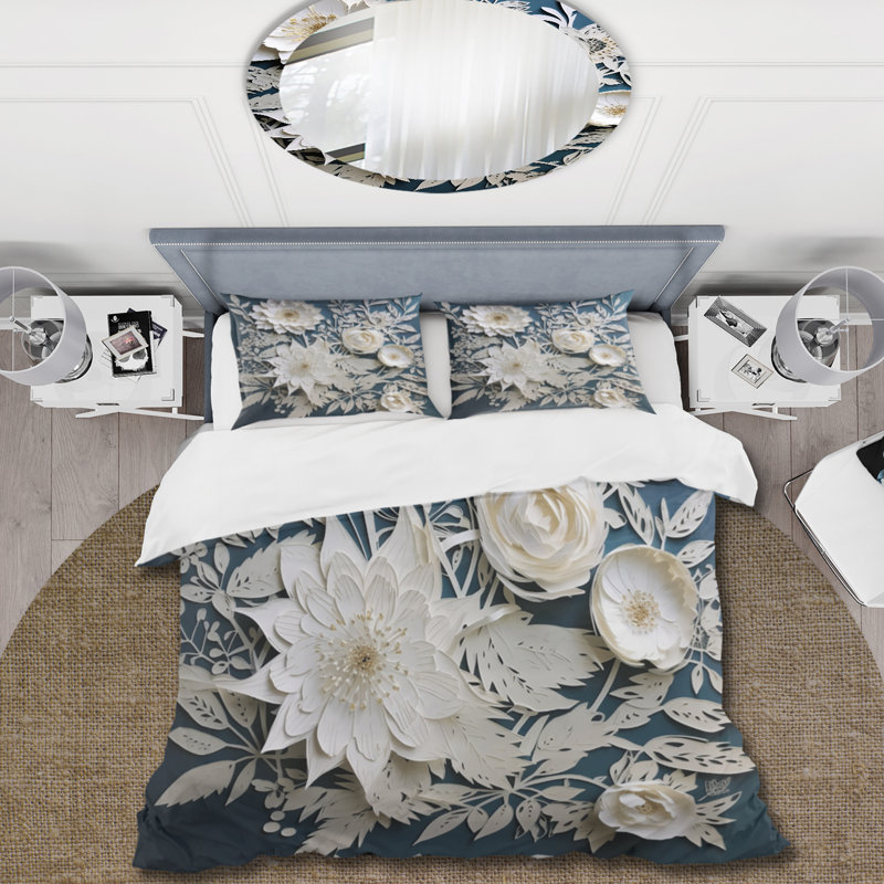 Ensemble de housse de couette en microfibre / polyester blanc et bleu, Housse de couette pour grand lit et 2 taies décor