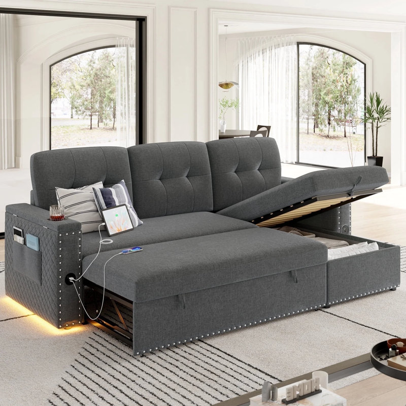 Canapé-lit modulaire avec méridienne réversible avec rangement et port de charge USB, gris lin, Velours gris velours