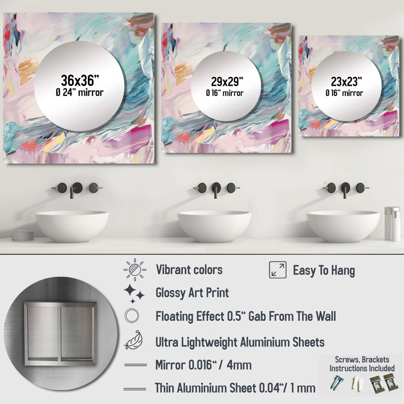 Miroirs printaniers au printemps pastel - peinture abstraite miroir carré pour décoration murale, 29 po x 29 po