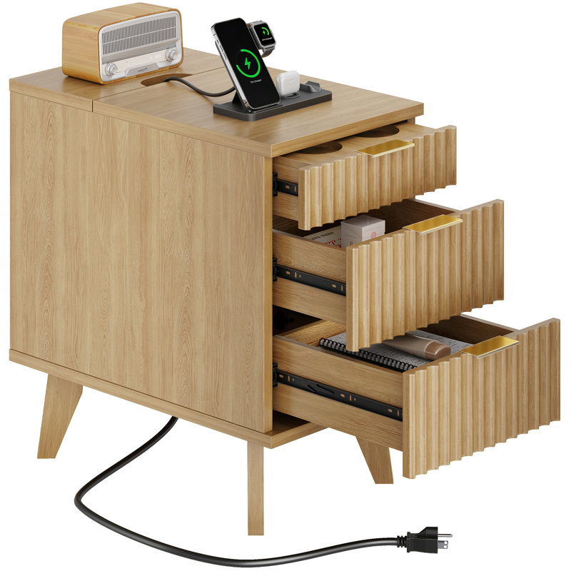 End Table with Drawers and Charging Station, Natural Wood