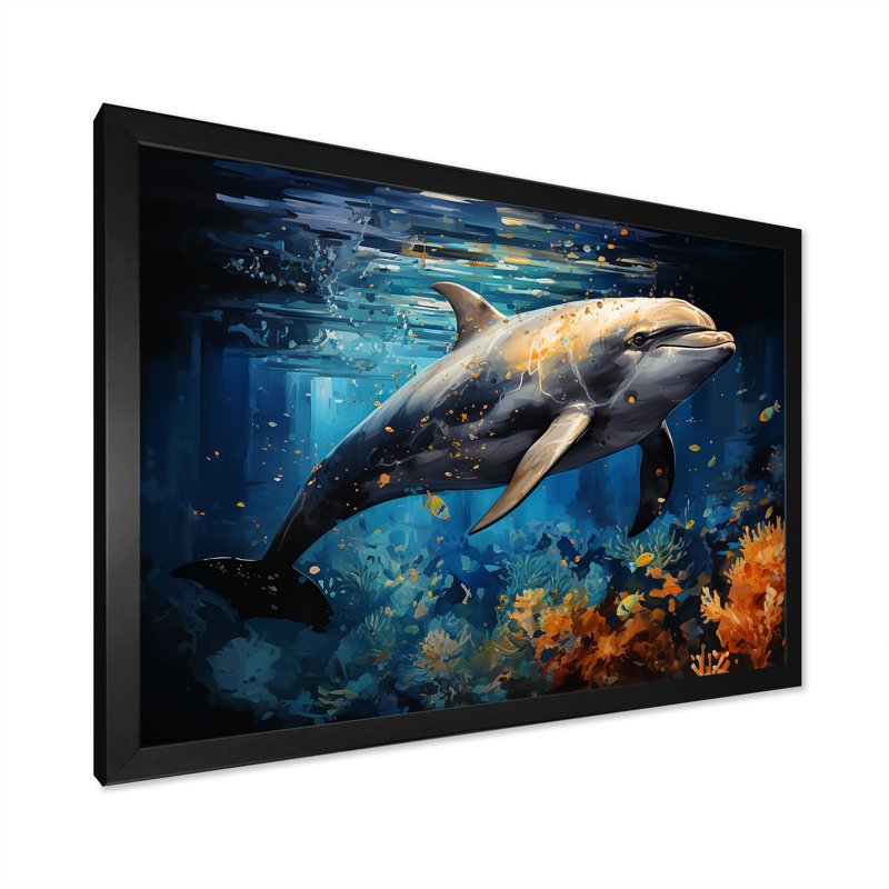 «Dolphin Odyssey» sur toile, Cadre d'angle fermé noir, H 12 po x l 20 po x P 1 po