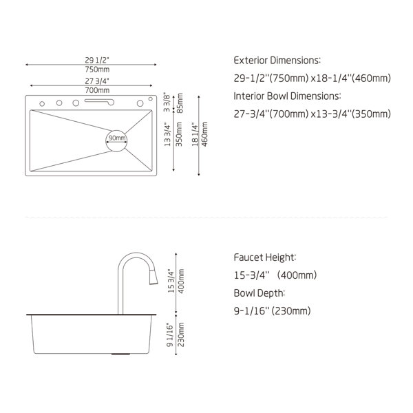 Lefton 304 Stainless Steel Waterfall Kitchen Sink Set with Pull-down  Faucet, Knife Holder, Drain Basket, Inside-Basin, and Cutting Board,  Temperature