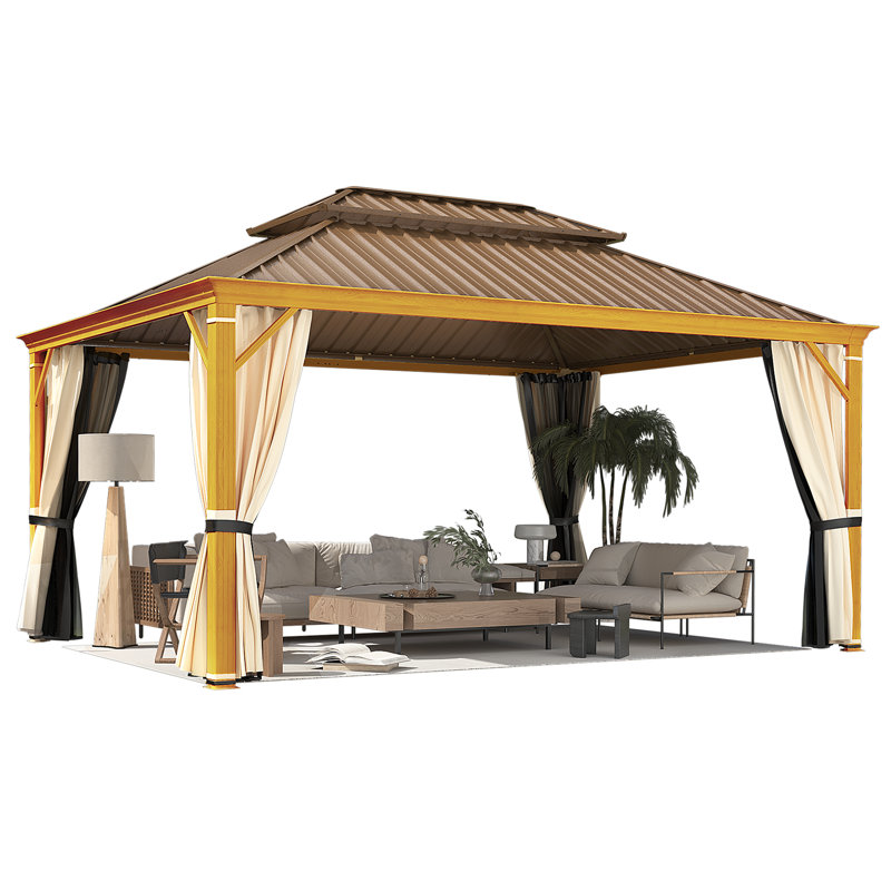 Brown 12' x 16' Steel and Aluminum Hardtop Gazebo with Curtains
