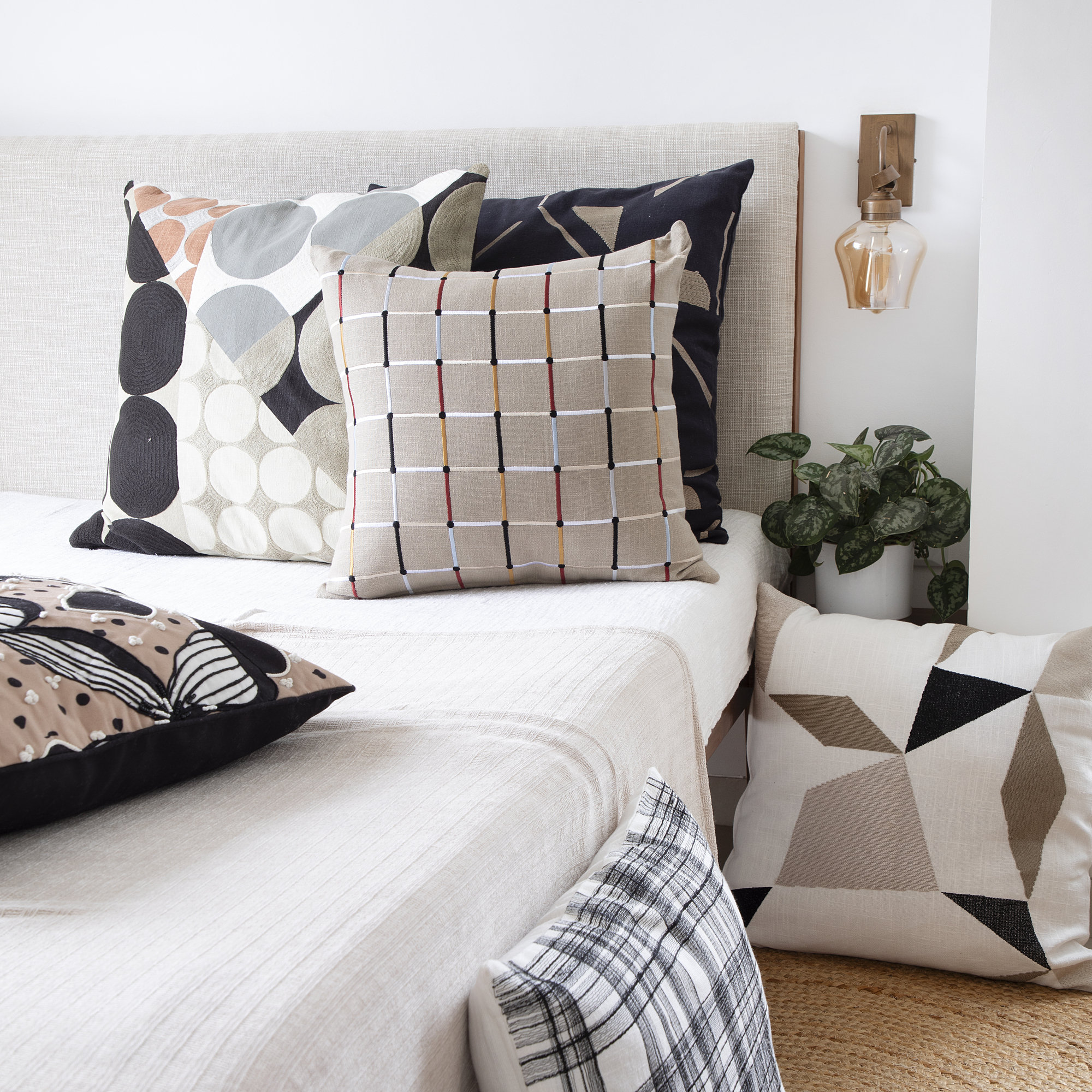 Checkered Cotton Throw Pillow, Pillow Cover Only - No Insert, Beige/Red/Yellow/Blue, 24" x 24"