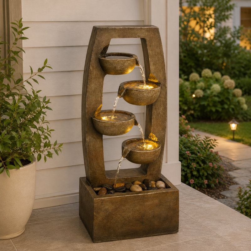 Outdoor Water Fountain with Warm LED Lights, 37.6" Modern Resin Tiered Bowl Fountain, Brown