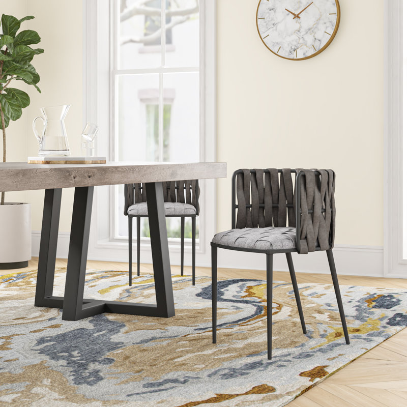 Ensemble de chaise de salle à manger avec accoudoirs tressés Tyrone, Similicuir gris, Noir