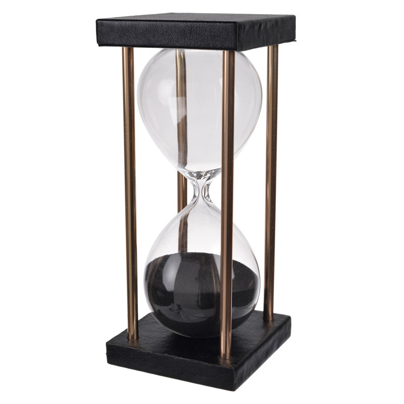 15-Minute Hourglass Timer with Black Sand and Antique Copper Frame, 7” Tall Decorative Timepiece for Desk, Mantel, or Tabletop