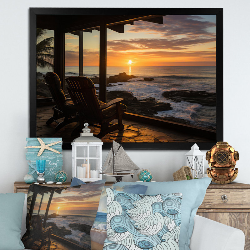 «Beach Photo Chairs Sunset» sur toile, H 16 po x l 32 po x P 1 po, Cadre photo noir