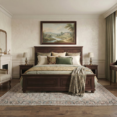 Pine Wood Frame King Platform Bed With Tall Traditional Headboard