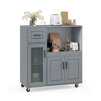 Rolling Kitchen Island With Wheels Drawer And Frosted Glass Door Storage Cabinet, Gray