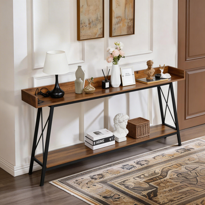 Console très longue avec 2 prises de courant et ports USB, Bois brun / noir