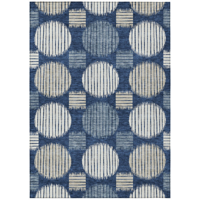 Tapis extérieur lavable géométrique bleu marine et ivoire 5 pi x 8 pi