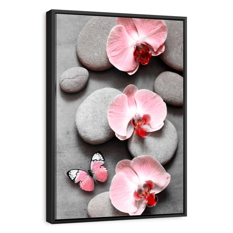Zen orchidées roses et papillons, 13 po x 19 po, Cadre flottant noir