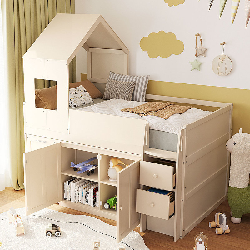Lit mezzanine en bois avec bureau, tiroirs, armoires, Beige
