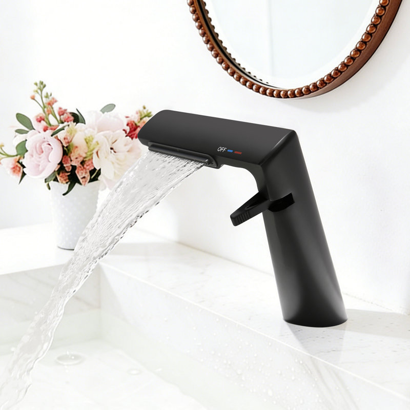 6.2"H Solid Brass Single Hole Bathroom Sink Faucet Waterfall Bathroom Faucet with Adjustable Aerator, Matte Black