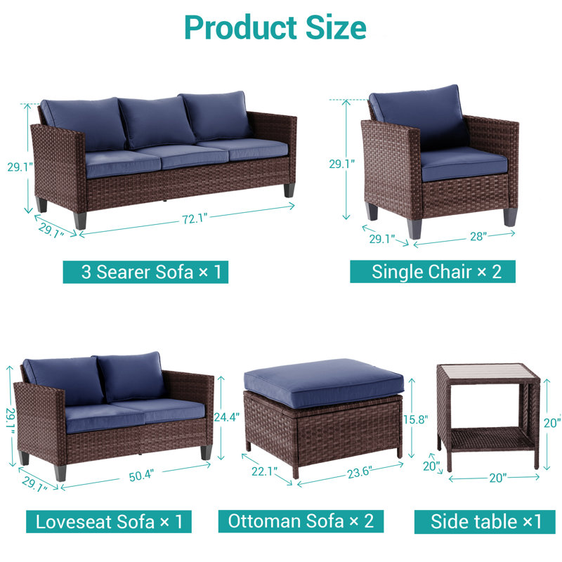 7 Pieces PE Rattan Furniture Set with Side Table and Patio Chair, Brown, Navy Blue